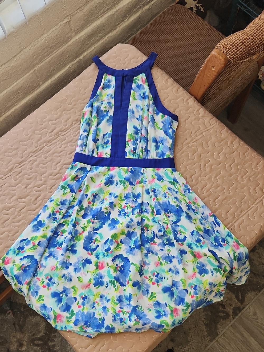 Adelyn Rae Blue Floral Halter Dress with Royal Trim